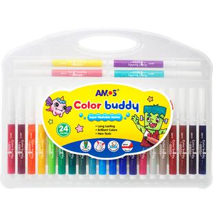 原装进口AMOS小学生水彩笔儿童安全无毒可水洗粗杆绘画彩色笔宝宝画画学生幼儿园水溶性彩笔涂色套装涂画笔