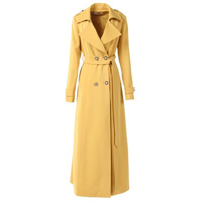 黄色垂感长款过膝英伦风衣外套