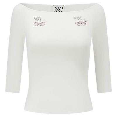 ODTD春夏樱桃烫钻一字肩T恤