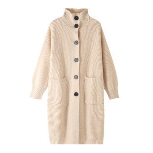 2025新款重磅立领100%羊毛纯色针织开衫女加厚慵懒中长款上衣外套