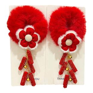 新年儿童头饰古风毛绒发圈喜庆发绳新春红色头绳头花女童过年发饰