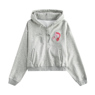 riverstone plus 短款刺绣牛油果音符连帽卫衣秋撞色拼接外套女