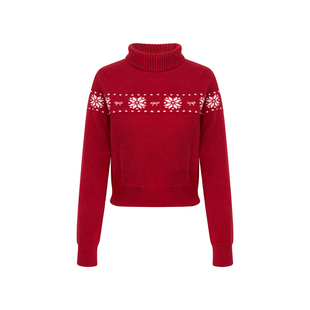 Kroche 费尔岛 羊毛混纺 雪花蝴蝶结提花圣诞红宽松高领毛衣