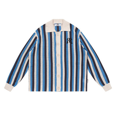 EMPTY REFERENCE 美式复古原创蓝色条纹镂空编制休闲衬衣长袖衬衫