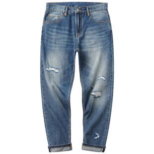 冬新款复古做旧赤耳破洞九分牛仔裤男款直筒宽松小脚男裤子潮流