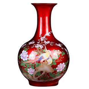 景德镇陶瓷花瓶摆件中式客厅装饰品喜庆红高端一对陶瓷精品瓷器