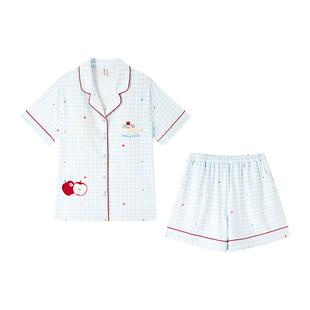 纯棉睡衣女款夏带胸垫夏季短袖短裤女士家居服套装爱心可外穿夏天