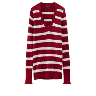法式复古红白条纹针织衫毛衫秋装新款bm麻花V领设计感长袖毛衣女