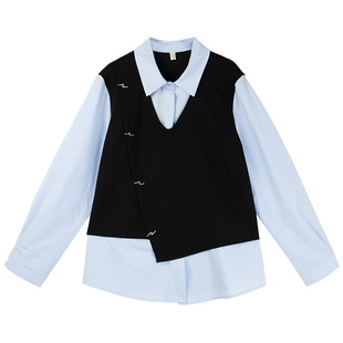 时髦通勤胖仙女莹莹大码女装胖mm春装显瘦百搭假两件针织马甲衬衫