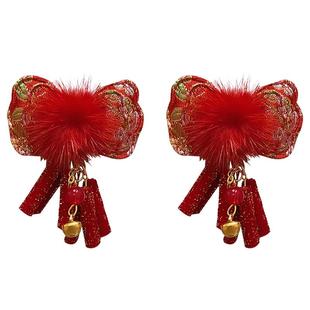 儿童假发辫子流苏发夹古风汉服宝宝红色头花发卡女童新年毛球头饰