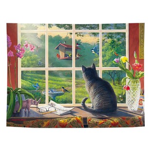 北欧猫咪治愈系房间布置背景布墙面装饰温馨窗户风景挂布宿舍床帘