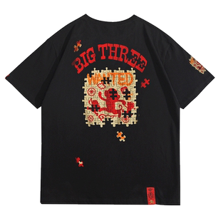 猴子商店拼图印花猴子卡通动漫t恤男女款情侣衫日系原宿悟空潮牌