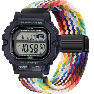 适用卡西欧小方块WS-1400H表带ws1400h时尚磁吸编织透气替换腕带