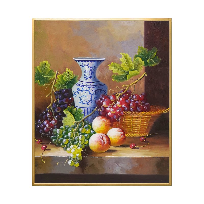 餐厅手绘油画水果葡萄桃子花瓶中古风玄关柜卧室会所美式装饰挂画