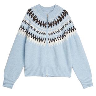 【100%绵羊毛】ELLE费尔岛花型拉链毛衣女2025冬季新款针织开衫