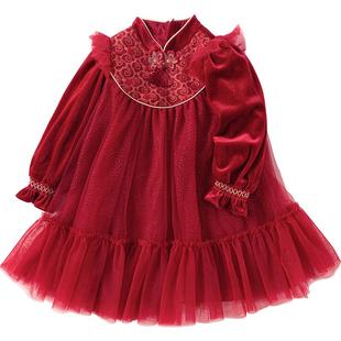 巴拉巴拉童装女童国风连衣裙小童演出服甜美网纱公主裙红色拜年服