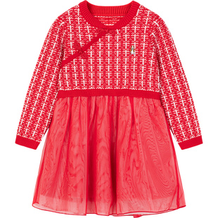 暇步士童装女童连衣裙冬新款小童新中式新年红裙子儿童网纱长袖裙