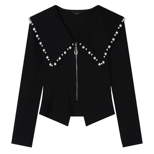 白鹿语法式复古小香风串珠翻领外套25秋新款设计感名媛气质上衣