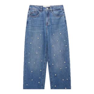 IT PortsPURE女装毛边牛仔裤新款休闲时尚宽松珠饰水洗仔裤20918X