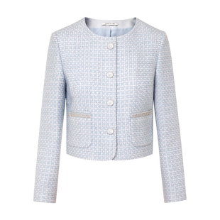 朗姿/莱茵福莱尔法式粗花呢蓝色小香风套装裙时尚气质名媛外套秋