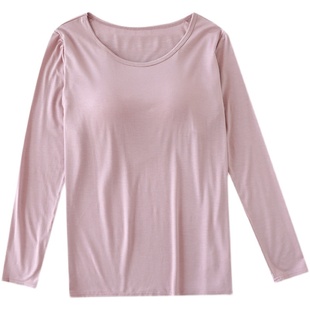 带胸垫上衣女秋衣莫代尔免文胸罩杯一体睡衣长袖t恤打底衫免文胸