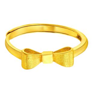 蝴蝶结拉丝戒指女纯银镀黄金色开口可调节食戒素圈指环简约百搭潮