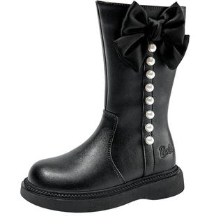 芭比童鞋女童靴子2025新款冬季加绒保暖棉靴中筒靴公主靴儿童皮靴