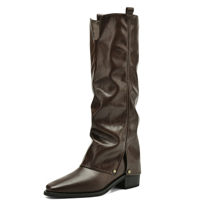 达芙妮棕色长筒靴女秋冬尖头堆堆