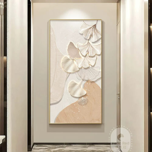 奶油风玄关装饰画现代简约入户正对门壁画银杏叶楼梯走廊过道挂画
