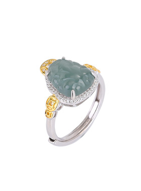 S925纯银镀金翡翠复古国风钱币貔貅戒指铜钱旺财小众银指环女礼物