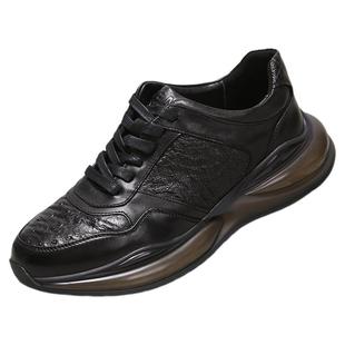 轻奢鸵鸟皮男士运动休闲皮鞋男2025秋冬绑带厚底舒适真皮男款潮鞋