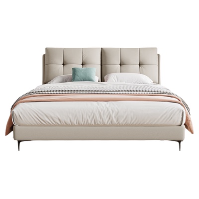 晚安床架双人主卧头层牛皮奶油风