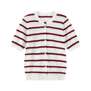 吴童童条纹圆领短袖针织开衫女夏季新款韩系修身显瘦百搭薄款上衣