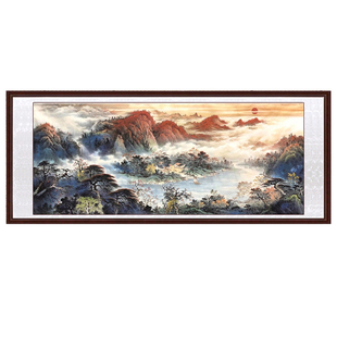 客厅沙发办公室背景墙聚宝盆旭日东升风水景靠山装饰挂画手绘国画