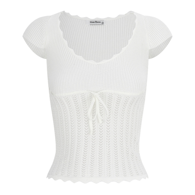 镂空针织短袖v领修身小飞袖上衣