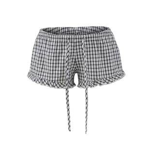 BM感新款格子松紧腰系带荷叶边休闲短裤韩系少女蛋糕短裤