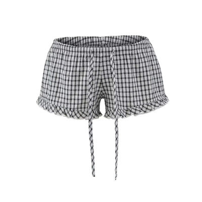 BM感格子松紧腰荷叶边系带短裤
