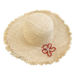 feytiy 天然拉菲草+小花串珠防晒草帽度假风太阳帽女遮阳夏季百搭