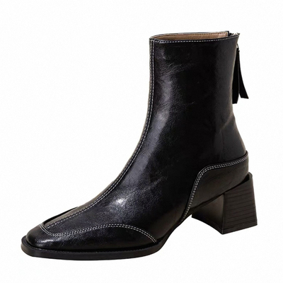 真皮加绒方头粗跟女短靴