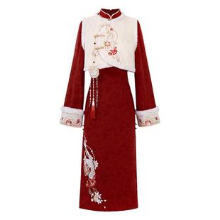 旗袍女秋冬国风马甲新中式2025蛇年过年红色拜年服小个子新年战袍