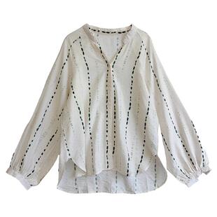 松弛穿搭~老钱风绿色水墨人棉衬衫宽松遮肚子上衣T恤长袖V领舒适