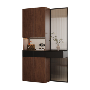 中古风玻璃屏风隔断柜一体入户门厅柜定制玄关鞋柜门口收纳储物柜