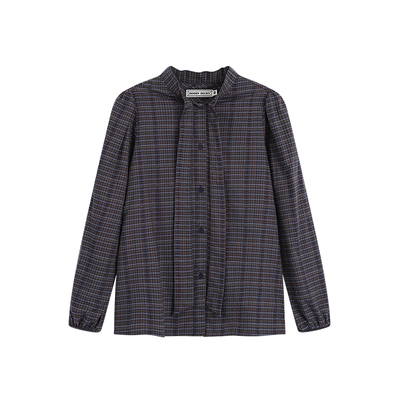 Bobbybecky复古格纹优雅泡泡袖飘带衬衫高质感大摆长半裙秋款套装