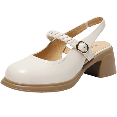 单鞋百丽女粗跟玛丽珍凉鞋真皮