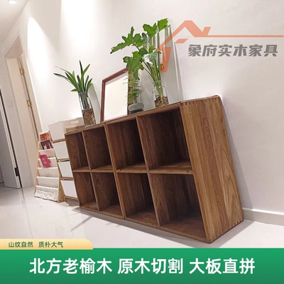 落地书架实木格子柜方格柜实木电视柜书柜置物架原木儿童书柜原木