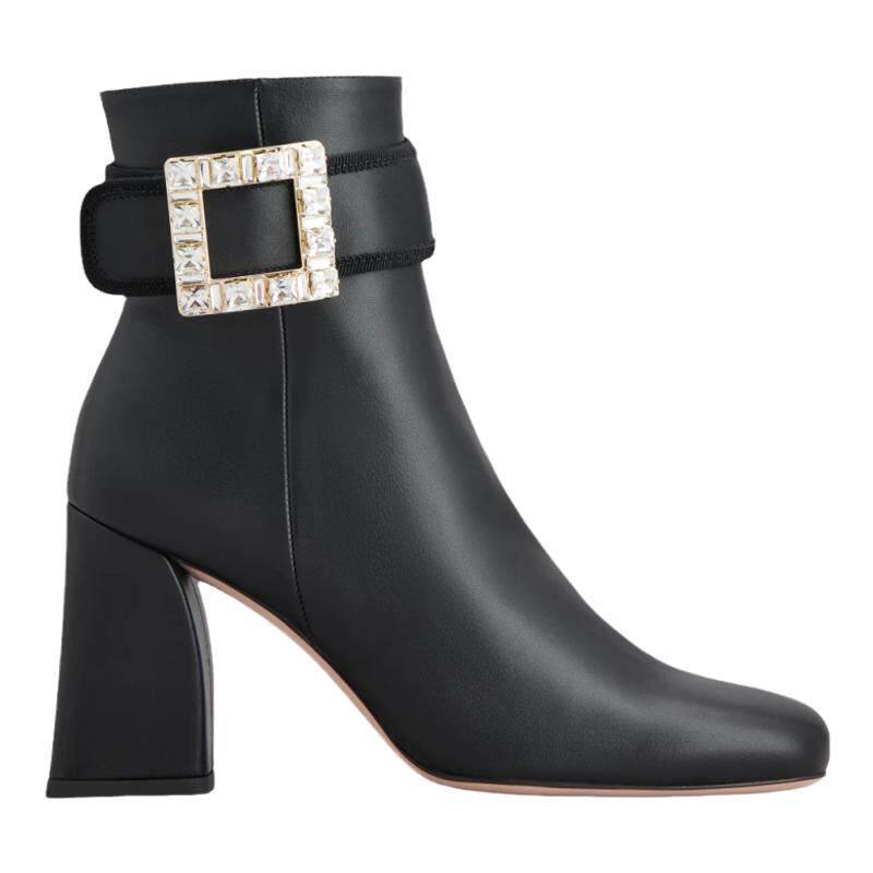 RogerVivier/罗杰维维亚女士靴子裸靴小牛皮罗缎水晶搭扣包覆新款