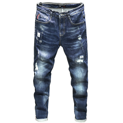 潮牌破洞牛仔裤男士男补丁蓝色
