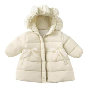 女童冬季小花棉外套女宝宝纯色可爱高领中长款甜美可爱保暖羽绒服