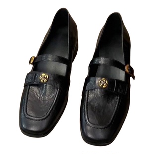 羊皮版~真皮复古法式单鞋女粗跟一字扣带玛丽珍鞋通勤山茶花皮鞋