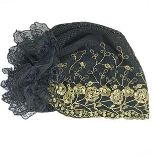 新款富贵休闲时尚玫瑰花型刺绣后花包头帽时尚遮白发四季款发带帽